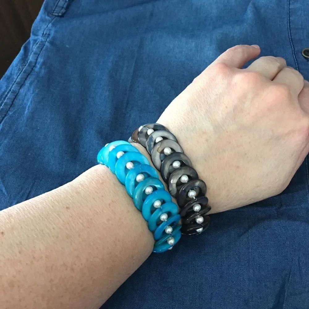 Turquoise Black Brown Shell Pearl stretch‎ Bracelet